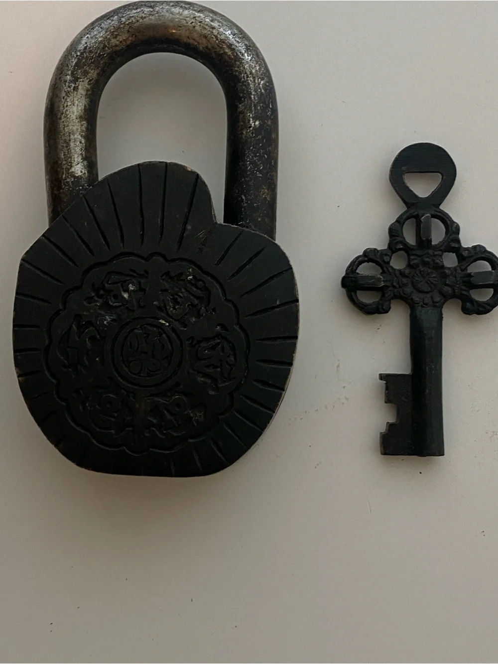 An Old Bronze Padlock With Auspicious Symbols